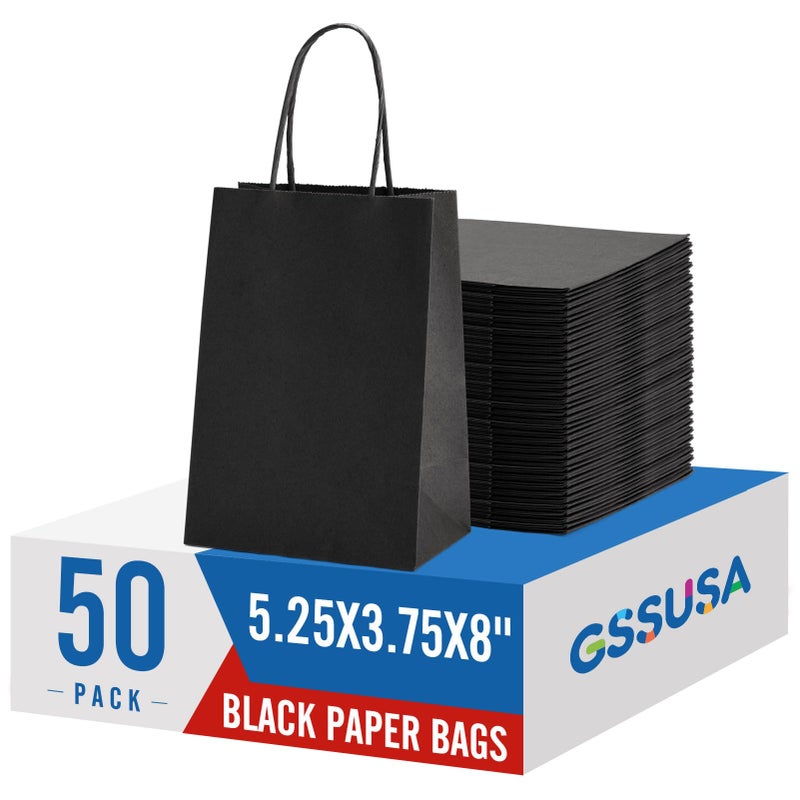 GSSUSA 5.25x3.75x8 50Pcs Black Gift Bags with Handles,Small Gift Bags Craft Bags for Small Business, Black Goodie Bag,Sturdy Kraft Paper Bag, Retail Shopping - Image 1